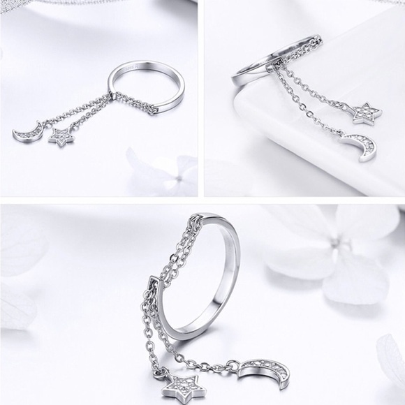 Authentic 925 Sterling Silver Moon and Star Link Chain Adjustable Finger Rings - Picture 6 of 6